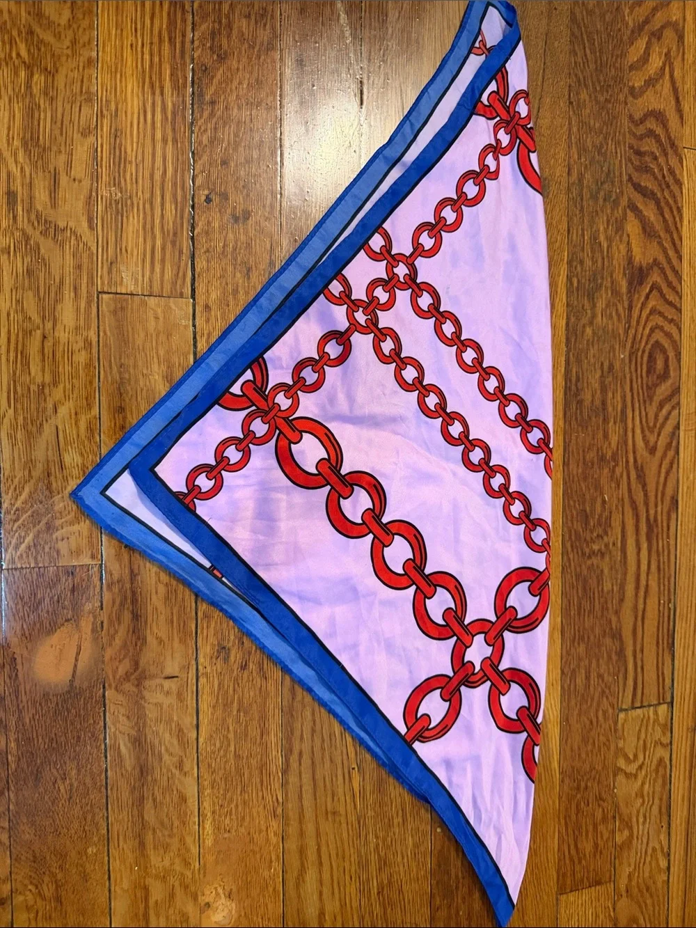 Bershka Pink Scarf with Red Chain Print and Blue Border